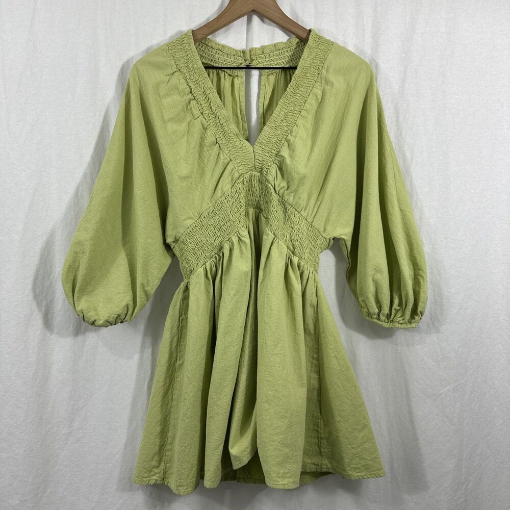 Shein Green 100% Cotton Babydoll Smocked Waist Peasant Mini Dress Womens Sz L
